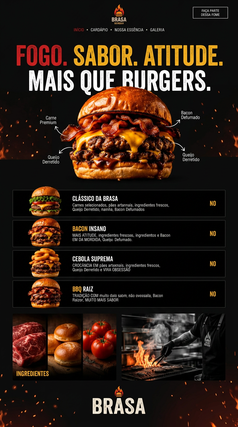 Layout fictício Brasa Burger: página vertical para hamburgueria
