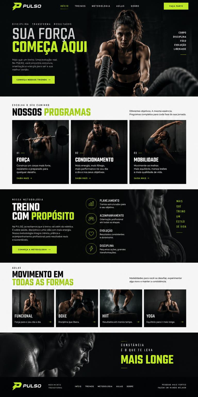 Layout fictício Pulso: página vertical para academia