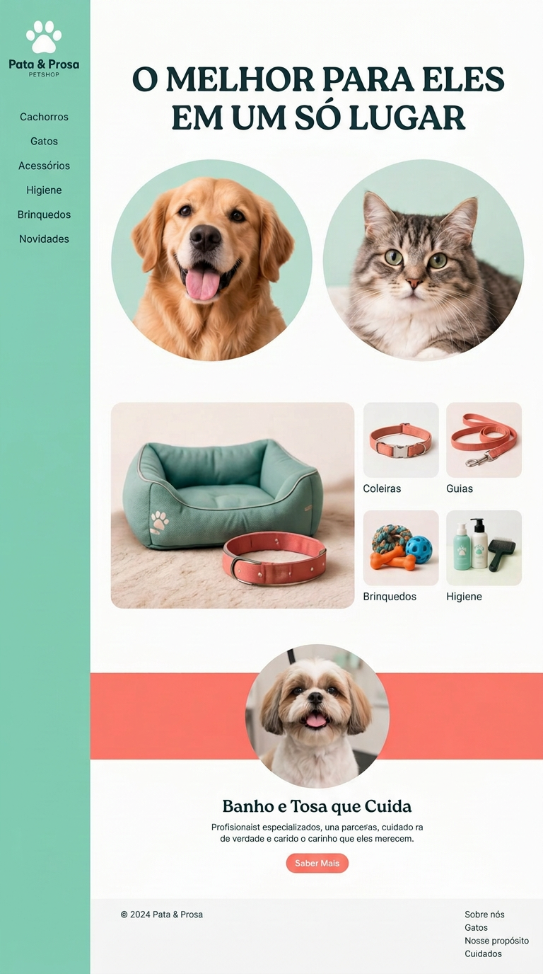 Layout fictício Pata & Prosa: página vertical para petshop